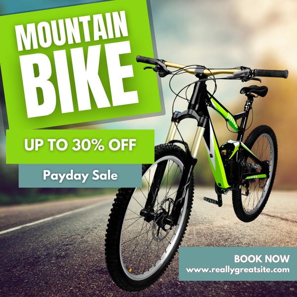 mountain bike, bike, bicycle, cycling gear, outdoor bike, trail bike, sports bike, sale promotion, outdoor, modern typography, energetic, bold, green, blue